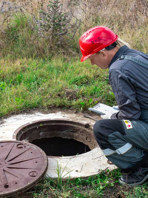 sewer inspection cost, sewer scope inspection near me - A male plumber in overalls and a helmet near a water well writes down the measurements taken and the readings of the water meter.